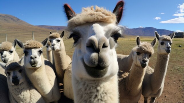 A group of alpacas looking at the camera