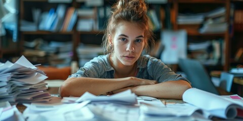 A young woman sits at a desk surrounded by paperwork - Powered by Adobe