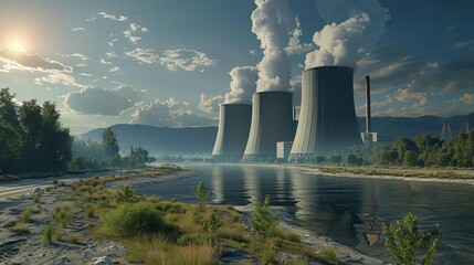 Power plant with nuclear reactor concept. Generating electricity or heating water using the fission method. Features cooling towers and steam from the reactor.