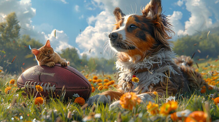 A football resting on a grassy field, with a contented cat lounging nearby and a dog playfully...