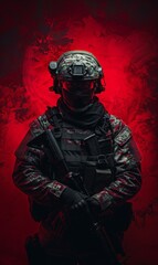 Soldier in red background holding a gun