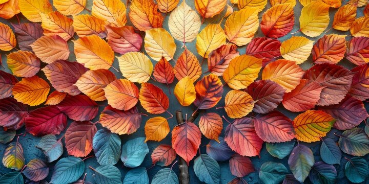 Colorful autumn leaves arranged in a gradient from red to blue