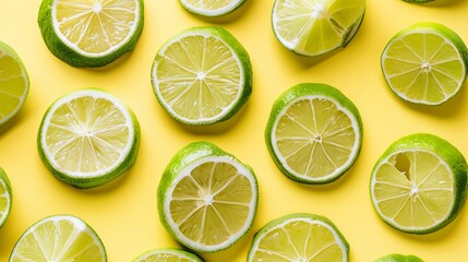 Refreshing lime slices arranged on a vibrant yellow background. A simple and eye-catching food texture.