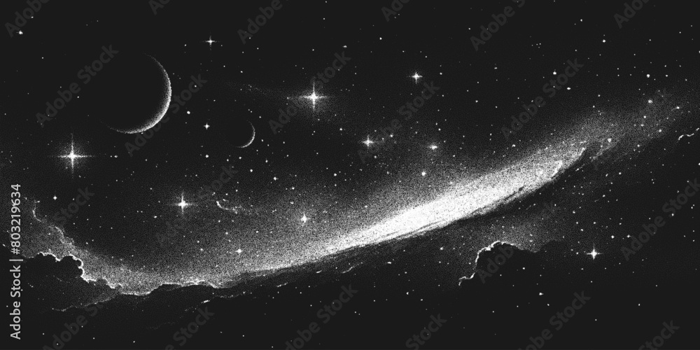 Wall mural deep space scene background in stippling style with spiral galaxy, glowing nebula and stars. retro s