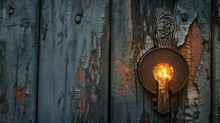 Mysterious glowing keyhole in an aged wooden door, symbolizing secrecy and discovery
