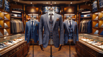 Fototapeta premium Fashionable mannequin demonstrating a classic men's suit in a respectable showroom, store, men's clothing tailoring studio.