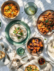 spread of multiple traditional mediterranean dishes on white linen