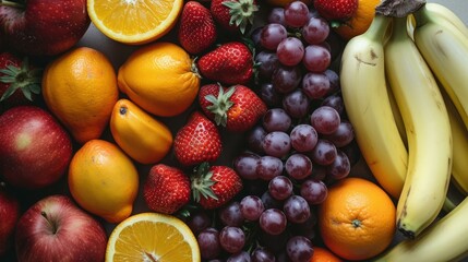 A variety of fruits including strawberries, bananas, grapes, apples, and oranges