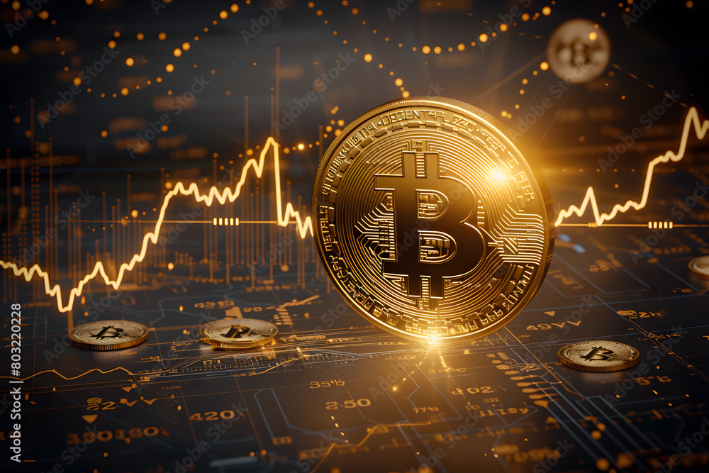 Aufkleber cryptocurrency in digital age: illuminated bitcoin symbol on complex circuit board