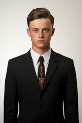 Young man in a black suit and red tie