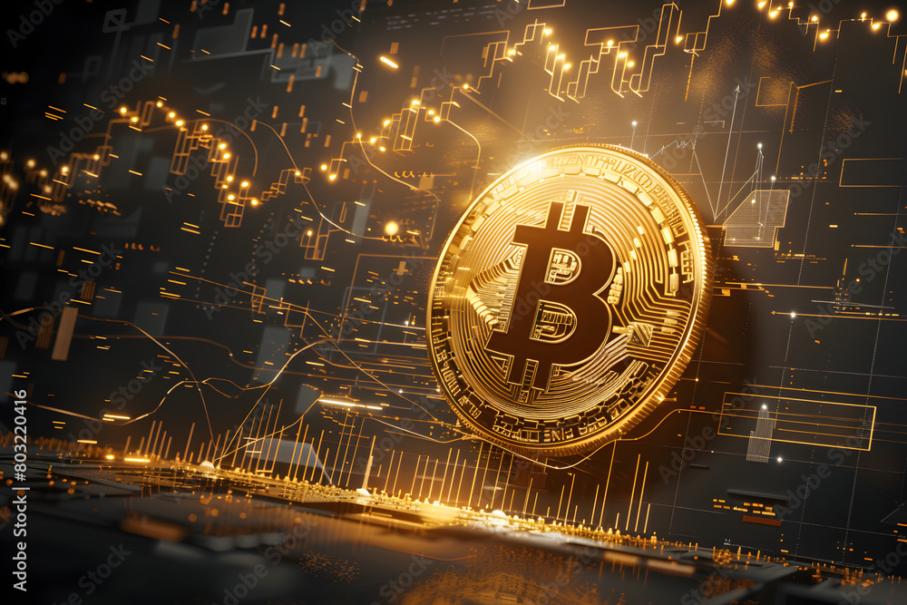 Poster cryptocurrency in digital age: illuminated bitcoin symbol on complex circuit board