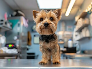 Yorkshire Terrier standing on a metal examination table in a veterinary clinic