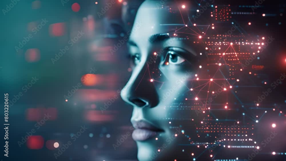 Poster womans face overlaid with glowing digital circuitry graphics.