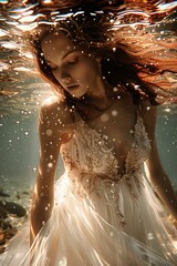 Obraz premium An ethereal underwater portrait of a woman in a white dress