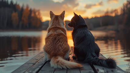 A majestic Siberian husky and a sleek black cat sitting side by side on a wooden dock, watching the...