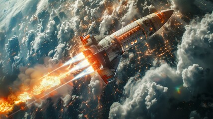Fototapeta premium Spaceship flies over the Earth with fire coming out of its engines