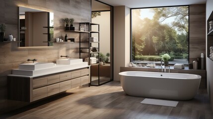 Bathroom With Large Windows and Freestanding Tub