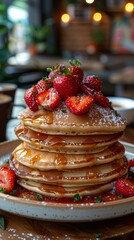 A Scrumptious Plate of Pancakes Drizzled with Maple Syrup and Topped with Fresh Strawberries