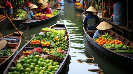 Fototapeta premium A bustling floating market in Thailand with boats full of fresh produce