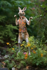 A rabbit wearing a floral vest is standing on its hind legs in a field of flowers