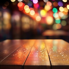 An Empty Wooden Table with a Bokeh Background