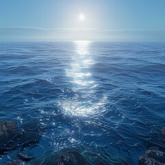 The sun is shining brightly over a vast and endless ocean.
