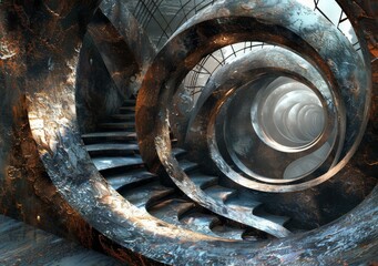 A spiraling staircase with a glowing light at the end of the tunnel - obrazy, fototapety, plakaty