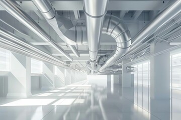 intricate network of industrial ventilation ducts pipes and hvac units attached to ceiling of large commercial building interior infrastructure background 3d rendering 1