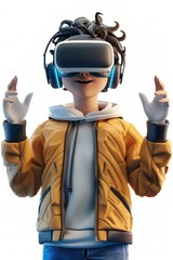 Illustration of a young boy wearing a virtual reality headset and smiling