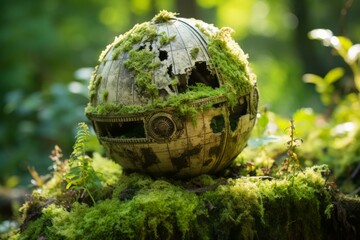 An overgrown mossy Death Star sits in a lush forest