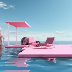 Pink platform floating on water with pink lounge chairs and shade structure