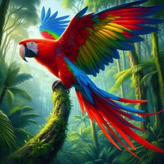 Scarlet Macaw With its stunning red plumage contrasting with bright blues, yellows and greens, this iconic parrot species captures the imagination with its colorful brilliance.