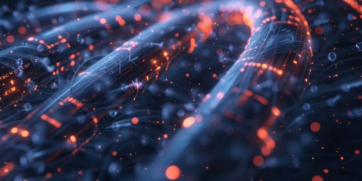 A computer-generated image depicting a complex network of interconnected nodes and lines representing data transfer and communication