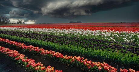 Spring storm clouds above rows of colorful tulips in farm field creating a colorful panoramic agricultural scene