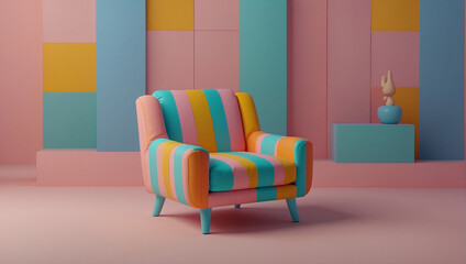 A colorful armchair sits in the center of a pink room with blue, yellow, and pink blocks on the walls.


