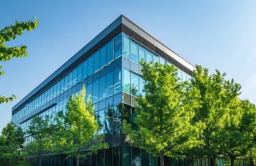 A sleek, modern office building with large glass windows and green trees outside, symbolizing eco-friendly business practices. The sky is a clear blue in the background