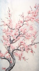 An illustration of a cherry blossom tree with delicate pink flowers and intricate branches against a soft white background