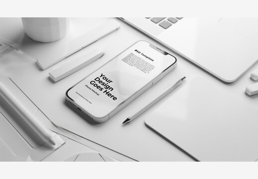 Phone Mockup Screen Template on White Desk with Laptop, Phone, Pen, and Coffee Cup, Laptop Computer with Mouse and Coffee Mug on Table - White Clay