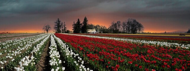 Spring storm clouds above rows of colorful tulips in farm field creating a colorful panoramic...