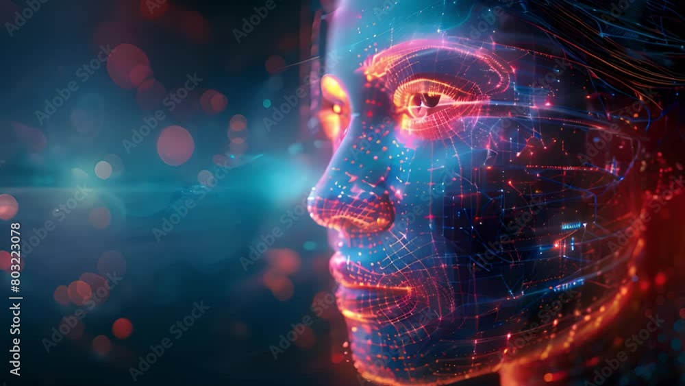 Poster a glowing digital representation of a human face symbolizing ai advancements.