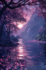 fantasy landscape with river and cherry blossoms