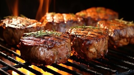 Beef tenderloin steaks with rosemary on a flaming grill
