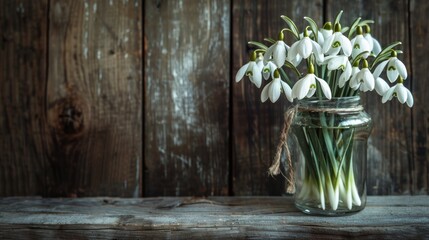 Bouquet of white snowdrops Galanthus nivalis in glass jar on dark tones on wooden background