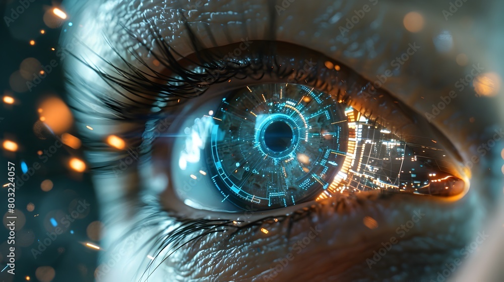 Poster futuristic technological eye interface with glowing matrix elements