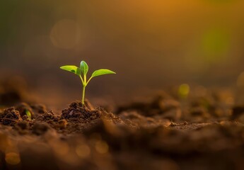 A small green sprout emerges from the soil, symbolizing new life and growth. The background is blurred to emphasize the plant's delicate beauty against the rich brown dirt