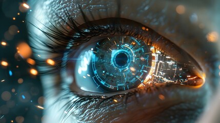 Futuristic Technological Eye Interface with Glowing Matrix Elements
