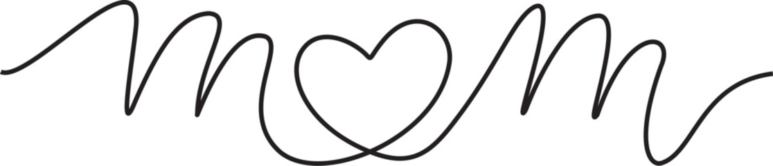 Mom lettering with heart in line art style,isolated hand drawn vector illustration, 