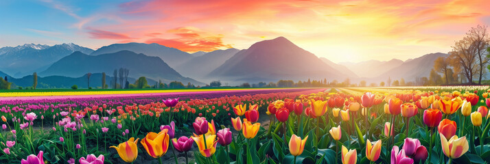 Colorful tulip flower field with mountain background at sunrise. A panoramic view of a colorful tulip meadow and mountain landscape at sunset. A view of natural beauty. High resolution photography in 