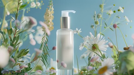 Premium Minimalist Skincare Product Surrounded by Lush Botanical Elements