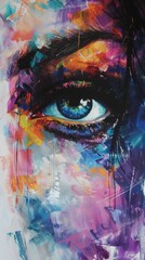 A colorful painting of a woman's eye with a blue iris